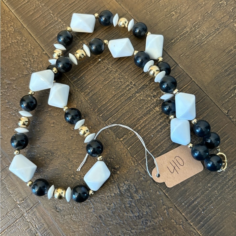 Gold Black and White Beaded Necklace #410 - Picture 2 of 2